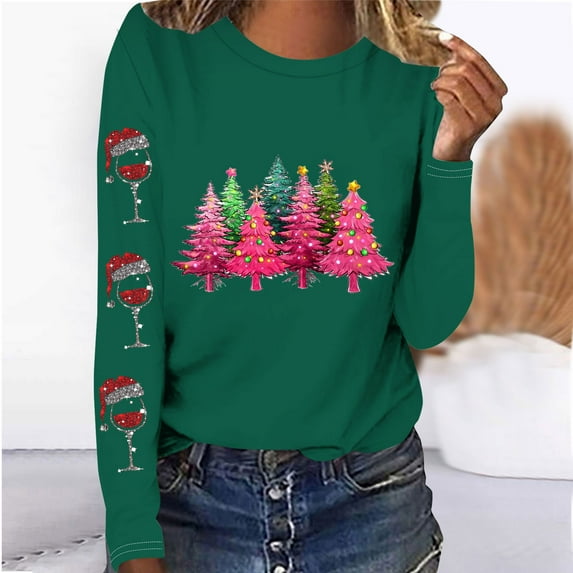 Babysbule Christmas Sweatshirt for Women Fashion Women's Christmas Printed T-shirt Long Sleeves Blouse Round Neck Casual Tops Sweatshirt