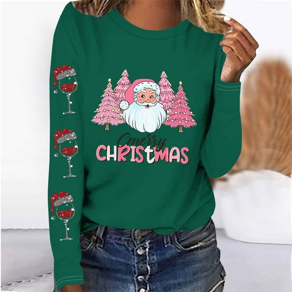 Babysbule Christmas Sweatshirt for Women Fashion Women's Christmas Printed T-shirt Long Sleeves Blouse Round Neck Casual Tops Sweatshirt