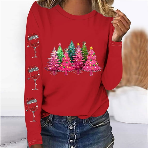 Babysbule Christmas Sweatshirt for Women Fashion Women's Christmas Printed T-shirt Long Sleeves Blouse Round Neck Casual Tops Sweatshirt