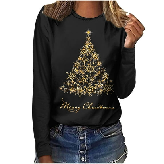 Babysbule Christmas Sweatshirt for Women Fashion Women's Christmas Printed T-shirt Long Sleeves Blouse Round Neck Casual Tops Sweatshirt