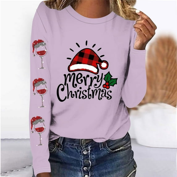 Babysbule Christmas Sweatshirt for Women Fashion Women's Christmas Printed T-shirt Long Sleeves Blouse Round Neck Casual Tops Sweatshirt