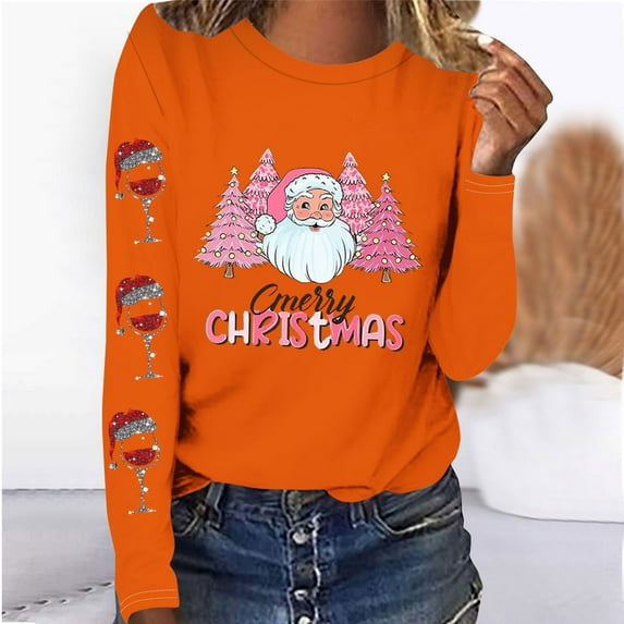 Babysbule Christmas Sweatshirt for Women Fashion Women's Christmas Printed T-shirt Long Sleeves Blouse Round Neck Casual Tops Sweatshirt