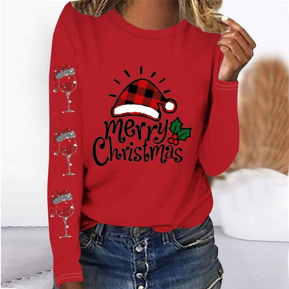 Babysbule Christmas Sweatshirt for Women Fashion Women's Christmas Printed T-shirt Long Sleeves Blouse Round Neck Casual Tops Sweatshirt