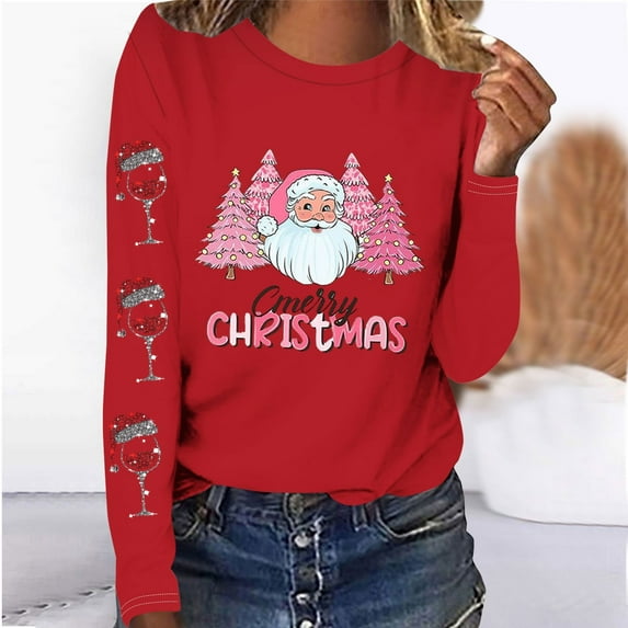 Babysbule Christmas Sweatshirt for Women Fashion Women's Christmas Printed T-shirt Long Sleeves Blouse Round Neck Casual Tops Sweatshirt