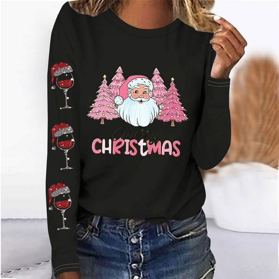 Babysbule Christmas Sweatshirt for Women Fashion Women's Christmas Printed T-shirt Long Sleeves Blouse Round Neck Casual Tops Sweatshirt