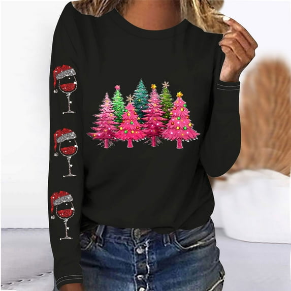 Babysbule Christmas Sweatshirt for Women Fashion Women's Christmas Printed T-shirt Long Sleeves Blouse Round Neck Casual Tops Sweatshirt