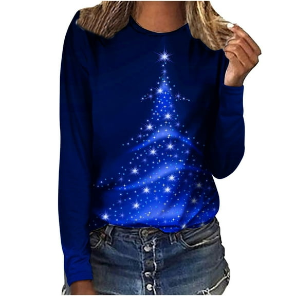 Babysbule Christmas Sweatshirt for Women Fashion Women's Christmas Printed T-shirt Long Sleeves Blouse Round Neck Casual Tops Sweatshirt