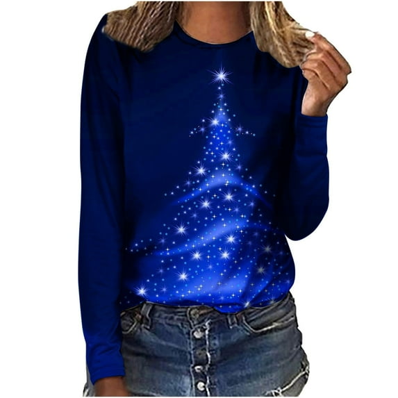 Babysbule Christmas Sweatshirt for Women Fashion Women's Christmas Printed T-shirt Long Sleeves Blouse Round Neck Casual Tops Sweatshirt
