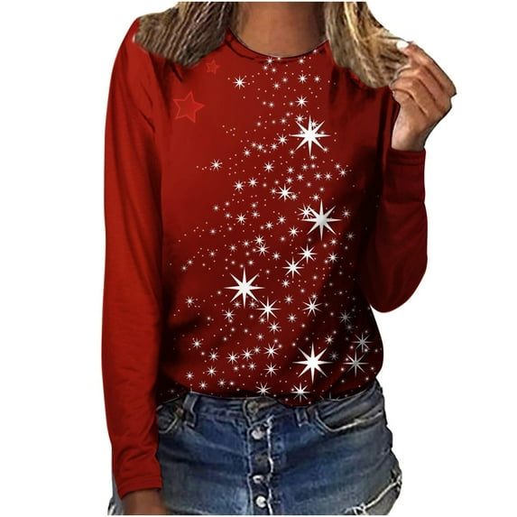 Babysbule Christmas Sweatshirt for Women Fashion Women's Christmas Printed T-shirt Long Sleeves Blouse Round Neck Casual Tops Sweatshirt