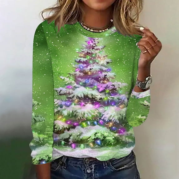 Babysbule Christmas Sweatshirts for Women Fashion Women's Christmas Printed Casual Loose Round Neck Long Sleeve T-shirt Tops Blouse