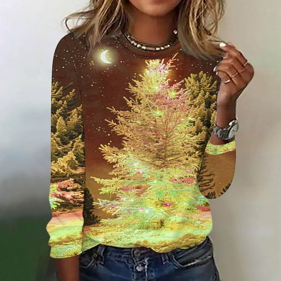 Babysbule Christmas Sweatshirts for Women Fashion Women's Christmas Printed Casual Loose Round Neck Long Sleeve T-shirt Tops Blouse