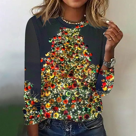Babysbule Christmas Sweatshirts for Women Fashion Women's Christmas Printed Casual Loose Round Neck Long Sleeve T-shirt Tops Blouse