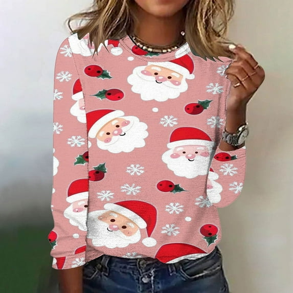 Babysbule Christmas Sweatshirts for Women Fashion Women's Christmas Printed Casual Loose Round Neck Long Sleeve T-shirt Tops Blouse
