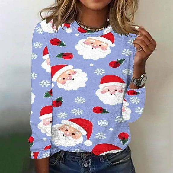 Babysbule Christmas Sweatshirts for Women Fashion Women's Christmas Printed Casual Loose Round Neck Long Sleeve T-shirt Tops Blouse