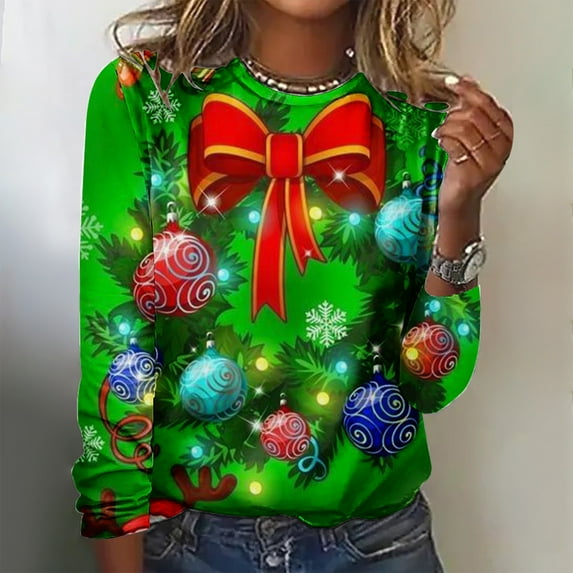 Babysbule Christmas Sweatshirts for Women Fashion Women's Christmas Printed Casual Loose Round Neck Long Sleeve T-shirt Tops Blouse