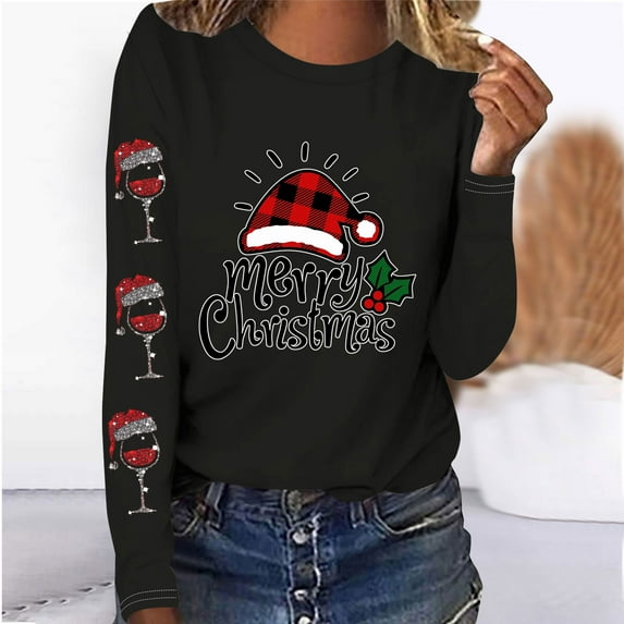 Babysbule Christmas Tops for Women Fashion Women's Christmas Printed T-shirt Long Sleeves Blouse Round Neck Casual Tops Sweatshirt