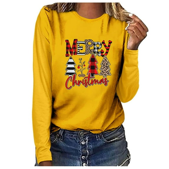 Babysbule Christmas Tops for Women MERRY CHRISTMAS Printed Women Casual Long Sleeve Round Neck Sweatshirt Pullover Blouse