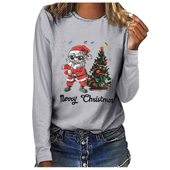 Babysbule Christmas Tops for Women MERRY CHRISTMAS Printed Women Casual Long Sleeve Round Neck Sweatshirt Pullover Blouse