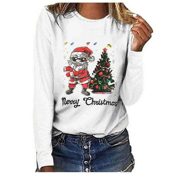 Babysbule Christmas Tops for Women MERRY CHRISTMAS Printed Women Casual Long Sleeve Round Neck Sweatshirt Pullover Blouse