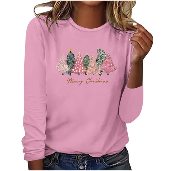Babysbule Christmas Tops for Women MERRY CHRISTMAS Printed Women Casual Long Sleeve Round Neck Sweatshirt Pullover Blouse