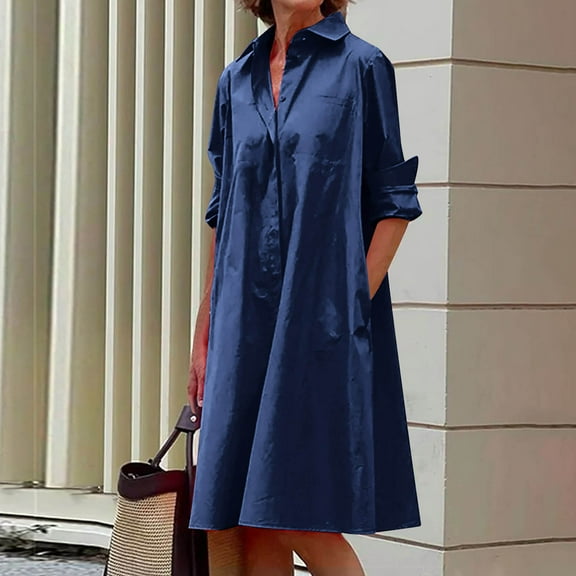 Babysbule Dresses For Women Fall Plus Size Round-Neck Long Sleeve Casual Solid Long Loose Maxi Dress With Pocket