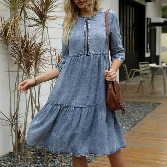 Babysbule Dresses For Women Fashion Ladies Solid 3/4 Sleeves Round-neck Maxi Summer Zipper Loose Dress