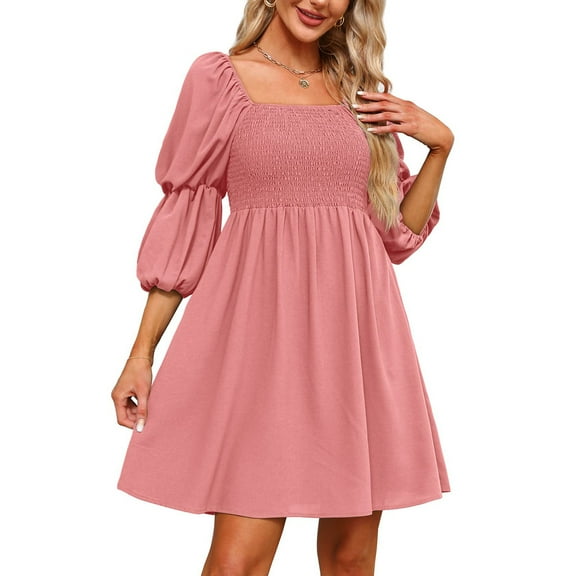Babysbule Dresses For Women Ladies Solid Casual Square Neck Puff 3/4 Sleeve Smocked Chest Off Shoulder Babydoll Mini Short Dress