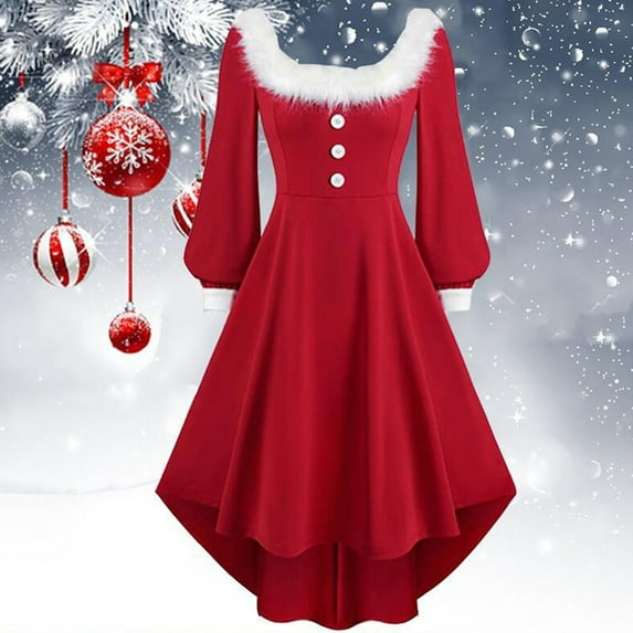 Babysbule Dresses For Women Ladies Summer Fashion Long Sleeve Button Solid Square Neck Vintage Christmas Party Swing Dress