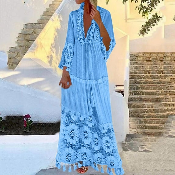 Babysbule Dresses For Women Stylish Casual Bohemian Plus Size V-Neck Solid Color Lace Tassel Long Maxi Dress