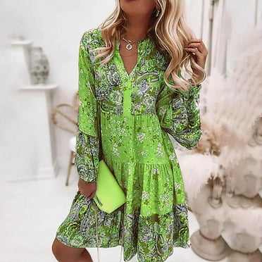 Babysbule Dresses For Women Stylish Casual Floral Print Bohemian V-neck Loose Long Sleeve Flare Sleeve Mini Dress