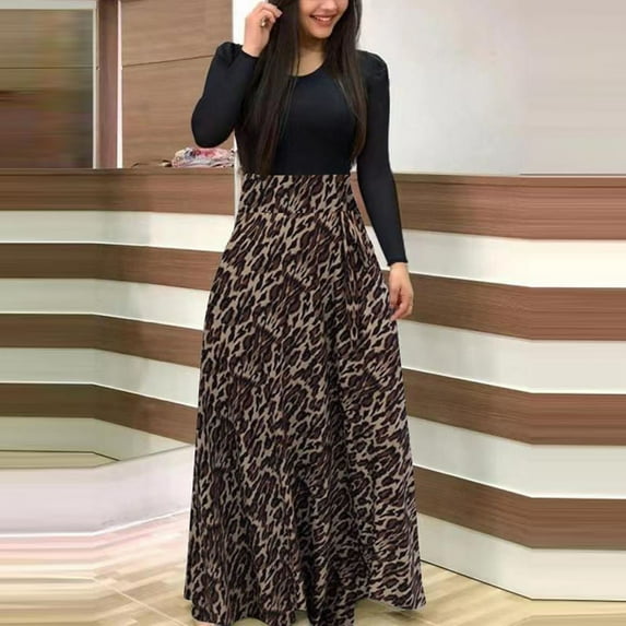 Babysbule Clearance Dresses For Women Stylish Floral Printed Summer Long Sleeve Casual O-Neck Patchwork Maxi Dress Deals