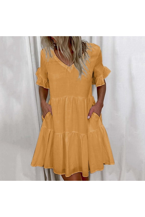 Dresses For Women Summer Ladies V-neck Short Sleeve Printed Boho Shift Sundress Mini Dress