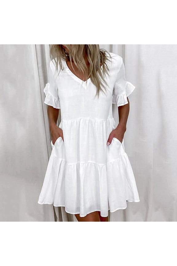 Dresses For Women Summer Ladies V-neck Short Sleeve Printed Boho Shift Sundress Mini Dress