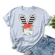Babysbule Clearance Easter Day Shirts for Women Fashion Easter Bunny Graphic Printing Tops Ladies Casual Round Neck Short Sleeve Blouse Deals