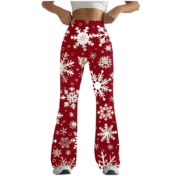 Babysbule Clearance Fall Womens Chriatmas Jeans Women Snowflake Printed Flare Jeans Button High Waist Bell Bottom Denim Pants