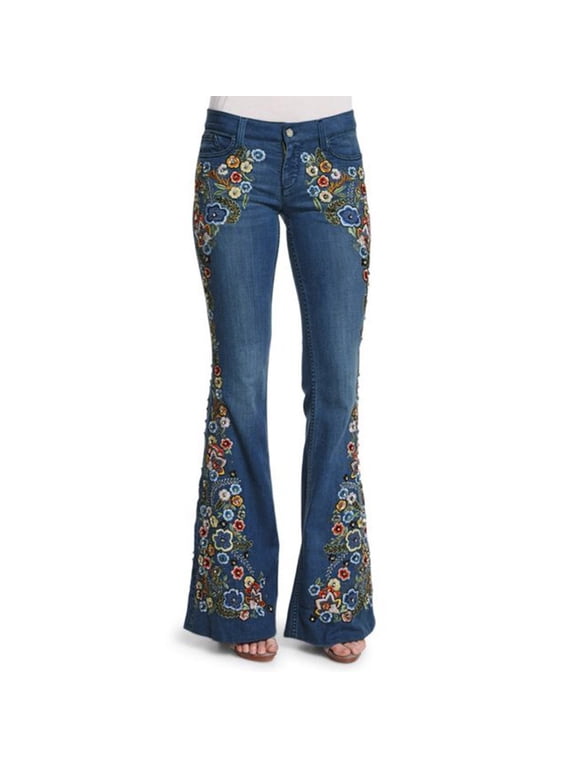Fall Womens Jeans Women Embroidery Destoryed Flare Jeans Button High Waist Bell Bottom Denim Pants