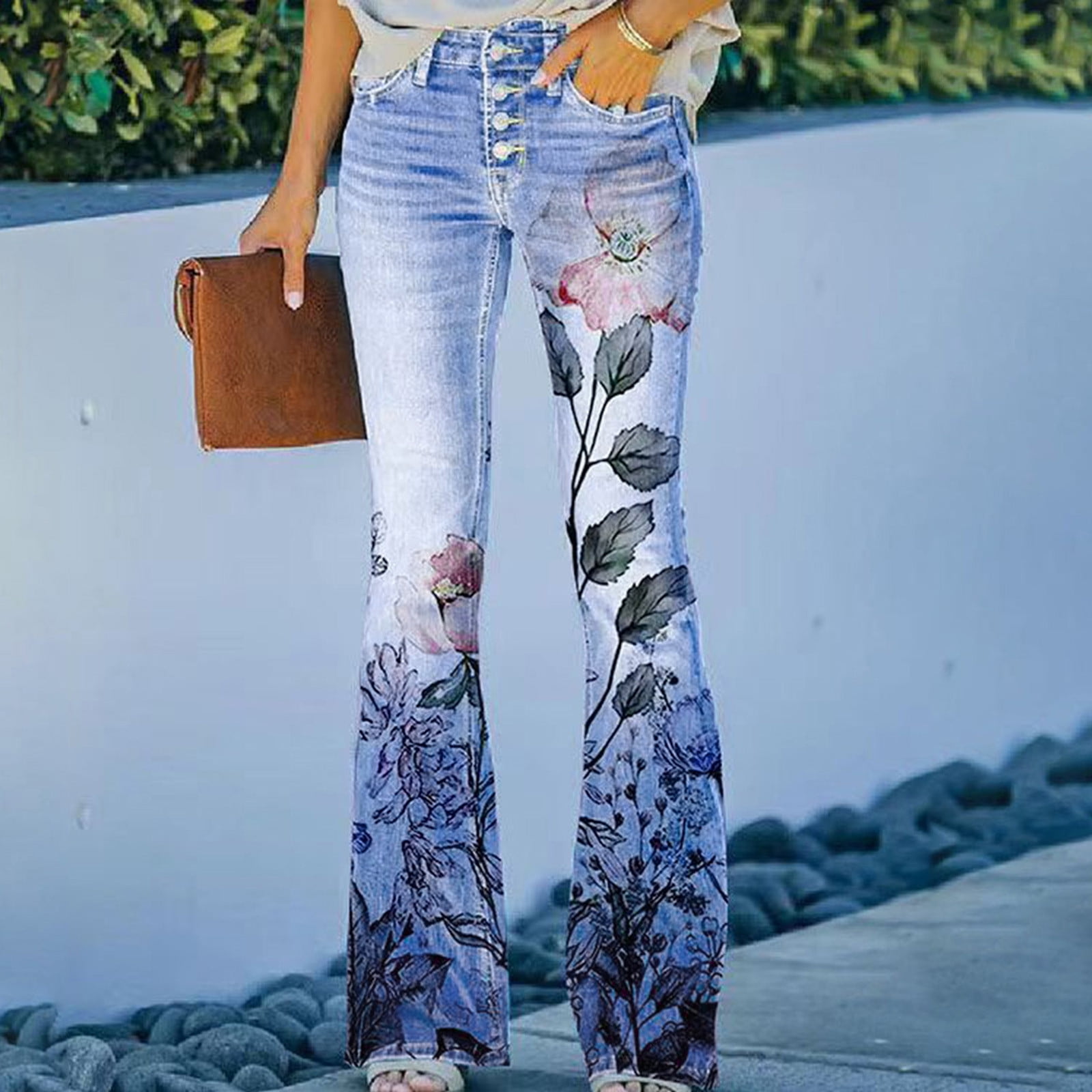 Highwaist Bell Bottom Pants in Blue or Orange Flowers