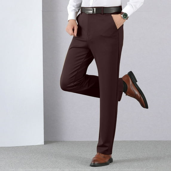 Babysbule Mens Pants Men's Business Slim Large Size Elastic Waist Cotton All-match Solid Color Straight Trousers Men's Suit Pants