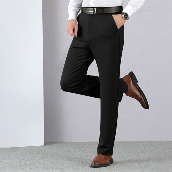 Babysbule Mens Pants Men's Business Slim Large Size Elastic Waist Cotton All-match Solid Color Straight Trousers Men's Suit Pants