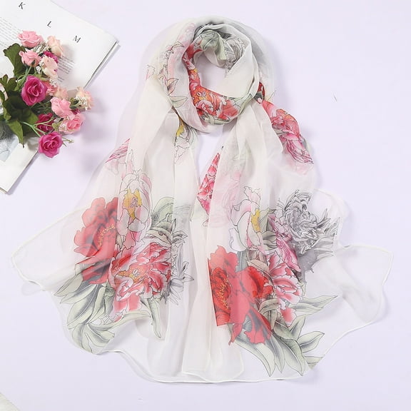 Babysbule Scarf for Women Fashion Women Flower Print Long Soft Wrap Scarf Simulation Silk Shawl Scarves