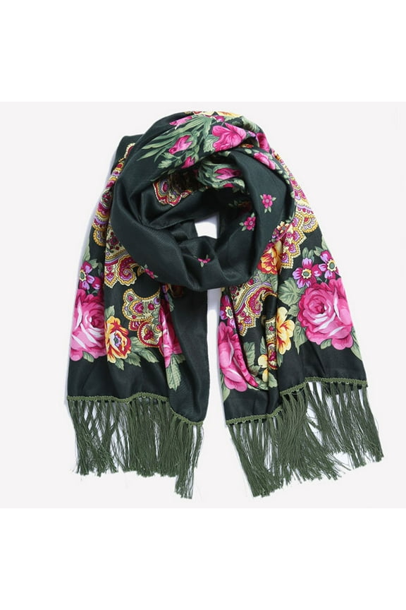 Scarf for Women Russian Babushka Women's Scarf Shawl Wrap Traditional Retro Ukraine Style Printed Tassels Long Scarfs
