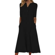 Babysbule Woman Summer Dresses Skirt Fashion Women Summer Printing Casual V-Neck Button Short Sleeve Vacation Pockets Dress