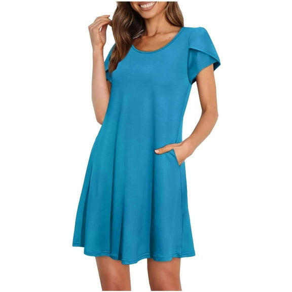Babysbule Woman Summer Dresses Women's Fashion Sasual Cross Short Sleeves Round Neck Pocket Solid Color Dress