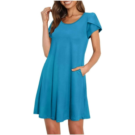 Babysbule Woman Summer Dresses Women's Fashion Sasual Cross Short Sleeves Round Neck Pocket Solid Color Dress