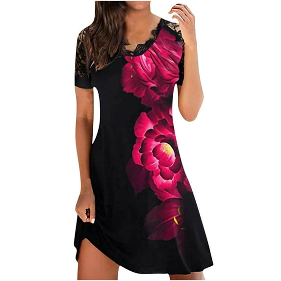 Babysbule Woman Summer Dresses Women's Fashion Short Sleeve Printing V-Neck Ladies Lace Dress