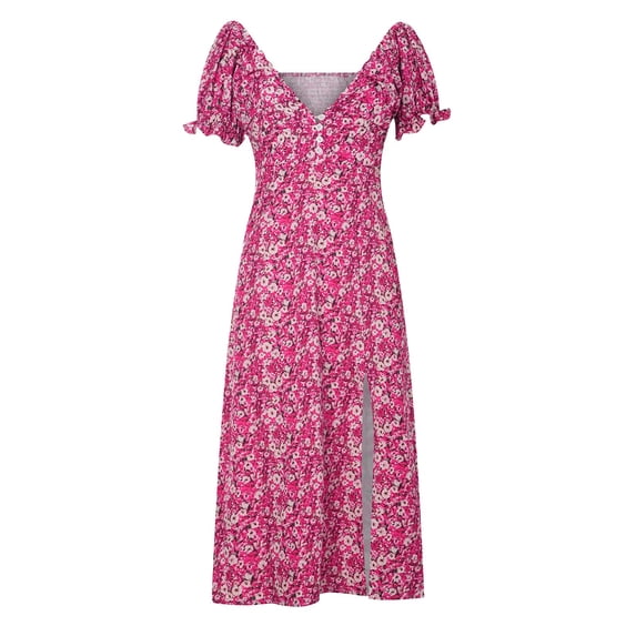 Babysbule Woman Summer Dresses Women's Floral Split Puff Sleeves V Neck Long Pullover Dress