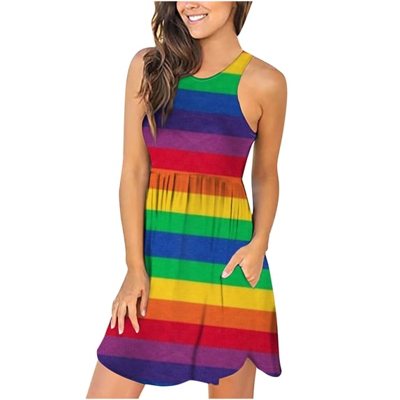 Babysbule Clearance Woman Summer Dresses Women's Sleeveless Loose Plain Dresses Casual Short Dress With Pockets Tie-Dye Rainbow Gradient Print Dress