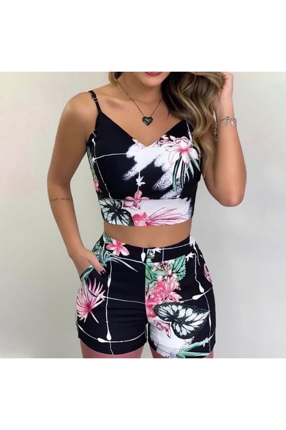 Women Summer Shorts Womens Fashion Leaf And Stripe Printed Sling Short Two-Piece Suit And Pocket