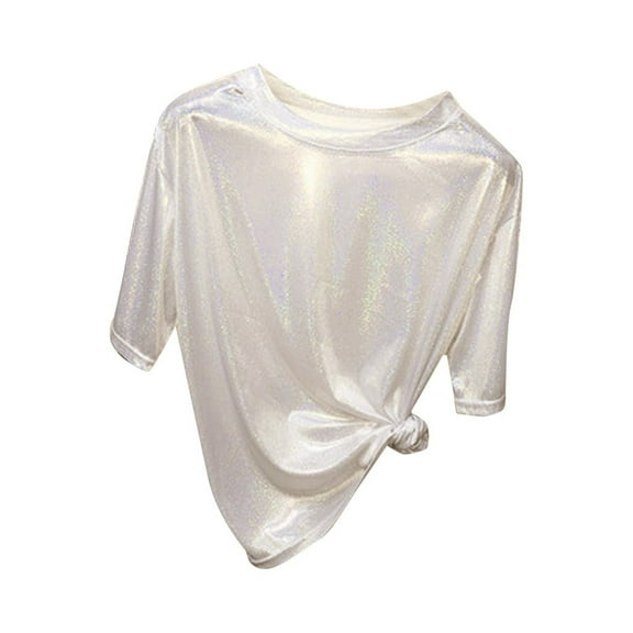 Babysbule Women's Tops Fashion Women Shiny O Neck Reflective Short Sleeve Loose Casual Tee Tops