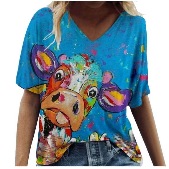 Babysbule Clearance Women's Tops Plus Size Women Short Sleeve Printed V-Neck Tops Tee T-Shirt Blouse